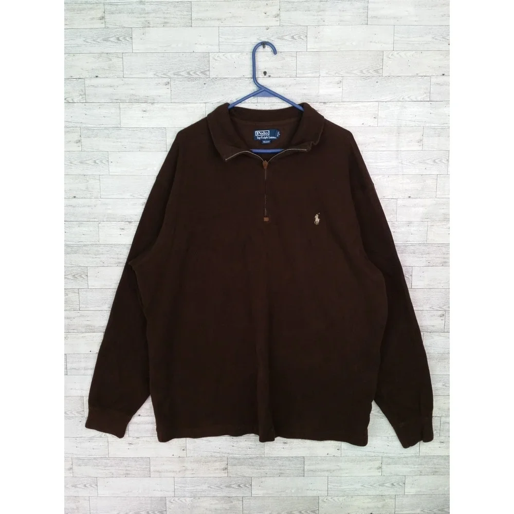 Men's Polo Ralph Lauren Long Sleeve Pullover Sweater Top Brown 1/4 Zip 2XLT‎